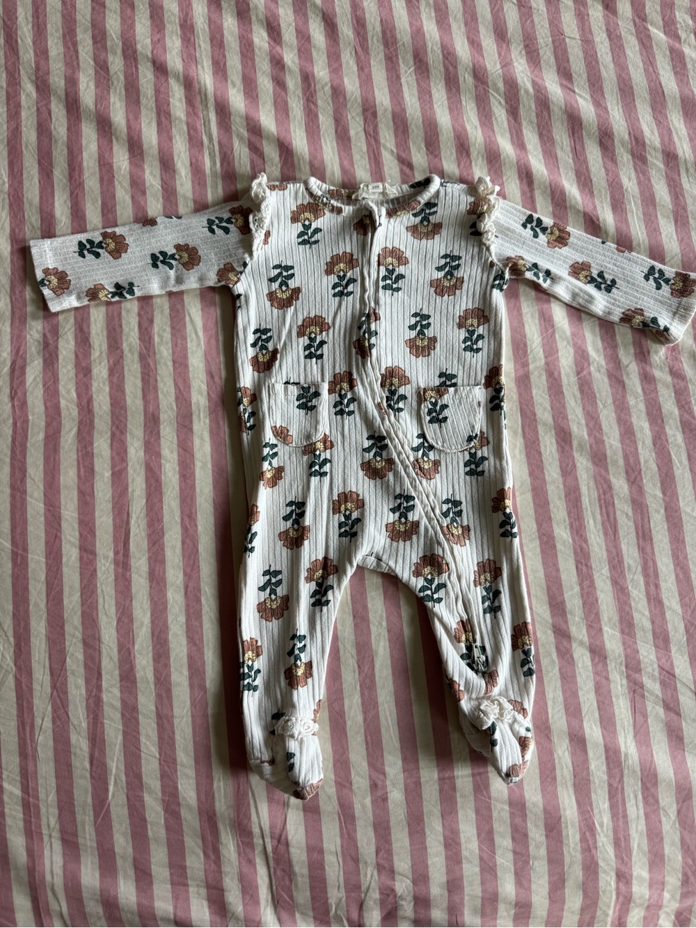 Baby Floral Footed One-Piece Romper - Cream with Brown Flowers